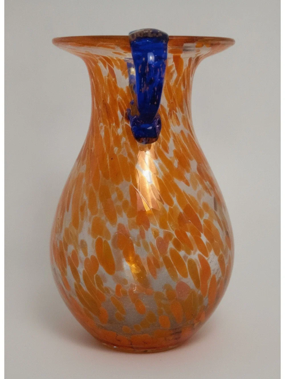 Vintage Nouveau Orange Spatter Art Glass Vase with Applied Cobalt Blue Handles